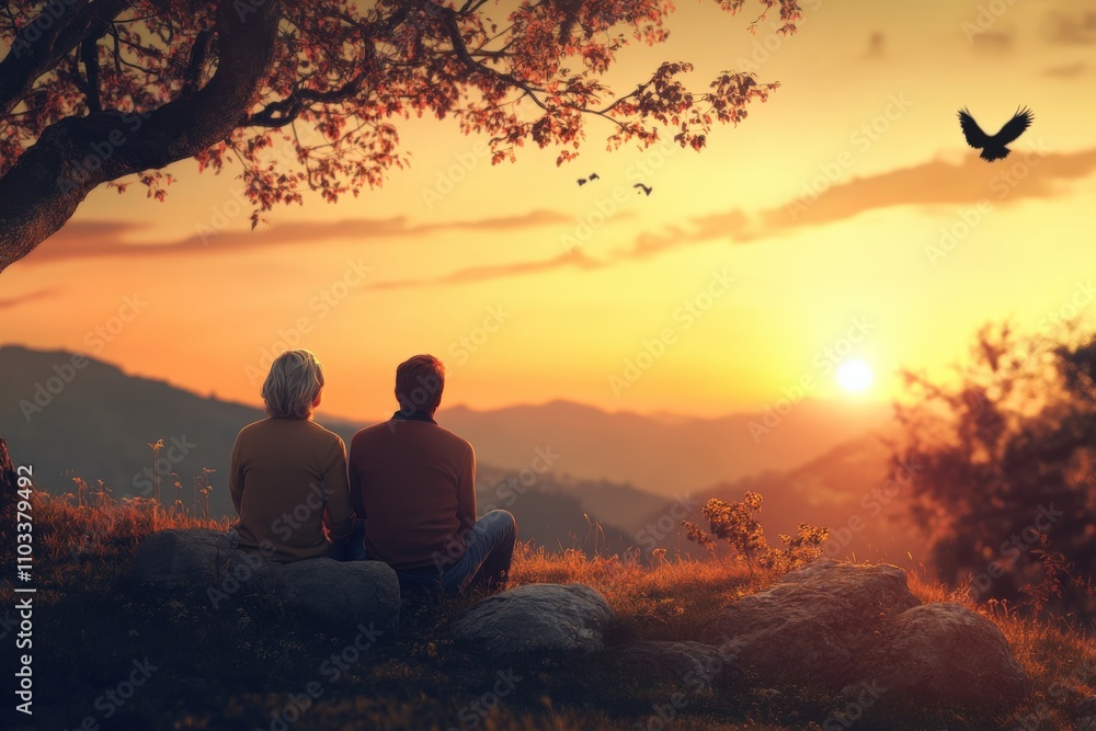Couple Watching Sunset - 8593. Capturing Romance and Companionship Under the Setting Sun Couple Watching Sunset - 8593. Capturing Romance and Companionship Under the Setting Sun