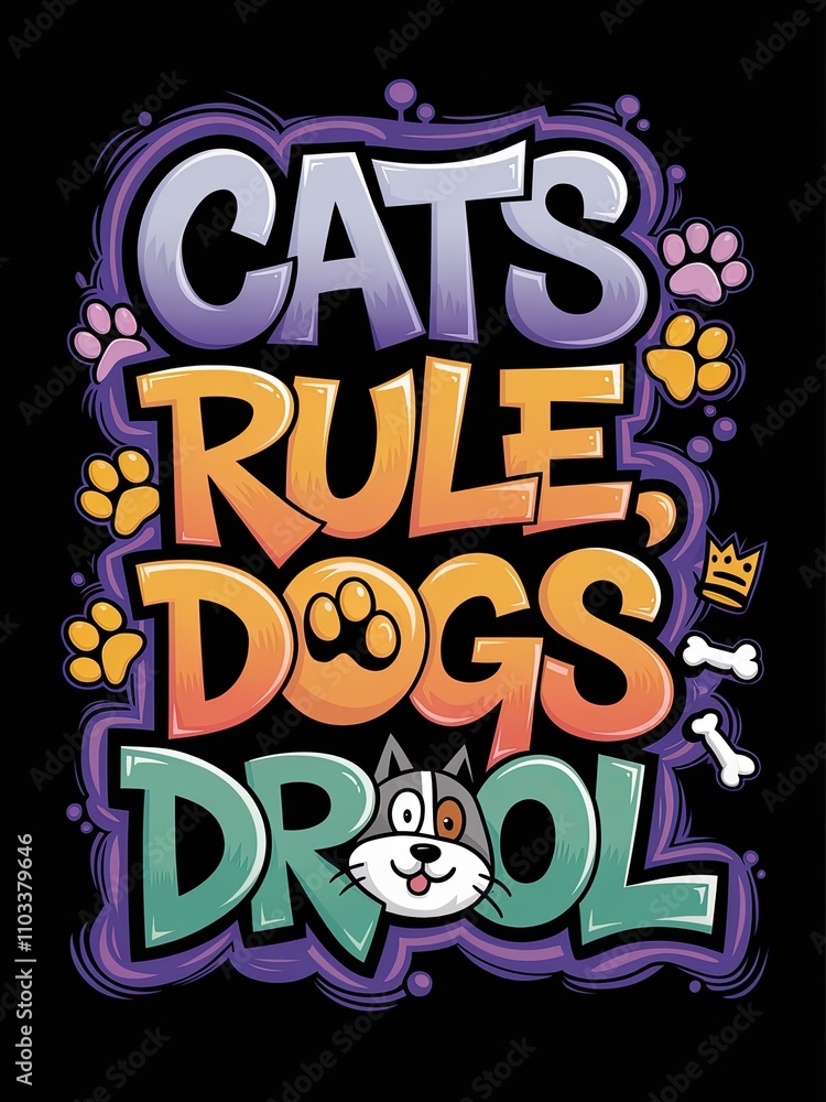 Colorful Graffiti Style Illustration with Playful Cat and Dog Words on Black Background Colorful Graffiti Style Illustration with Playful Cat and Dog Words on Black Background