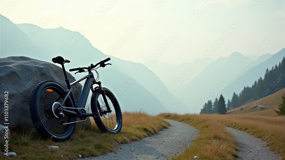 Fototapeta premium Mountain bike resting on a scenic mountain trail, surrounded by grassy fields and distant misty peaks, captures the essence of outdoor adventure and exploration