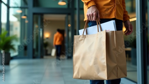 A person carrying eco-friendly shopping bags and documents in a modern, well-lit office building lobby