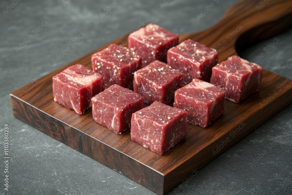 Fototapeta premium Cube Steak on Wooden Chopping Board. Raw Beef Meat for Cooking, High Protein Red Meat Food