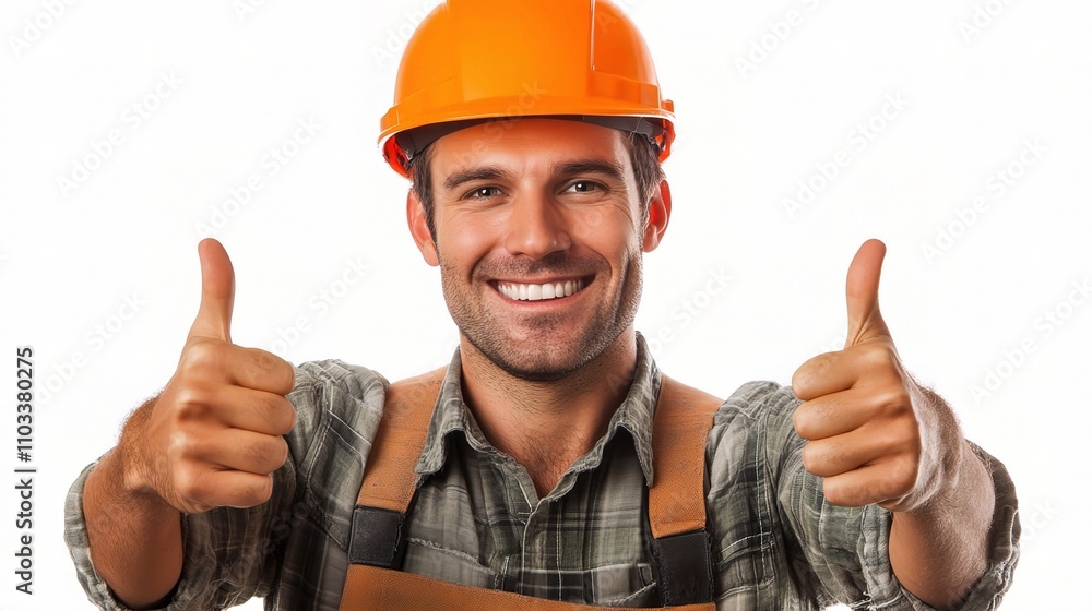 Smiling Construction Worker with Safety Helmet and Thumbs Up Gesture Smiling Construction Worker with Safety Helmet and Thumbs Up Gesture