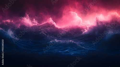 Dramatic ocean waves crashing under a vibrant pink and purple sky. The contrast of dark blue water and bright, surreal colors creates a powerful, moody image.