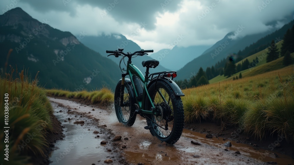 Electric mountain bike on a muddy trail amidst lush green hills and misty mountains, capturing adventure and nature Electric mountain bike on a muddy trail amidst lush green hills and misty mountains, capturing adventure and nature
