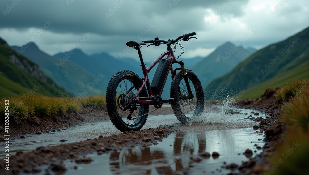 Fototapeta premium Electric mountain bike splashes through a muddy trail in a lush mountain landscape beneath dramatic cloudy skies