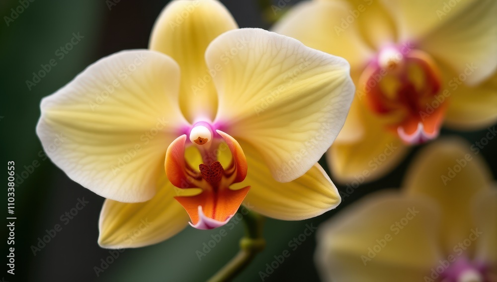 Close-up of a vibrant yellow orchid with intricate red accents, showcasing delicate petals against a soft-focus background Close-up of a vibrant yellow orchid with intricate red accents, showcasing delicate petals against a soft-focus background