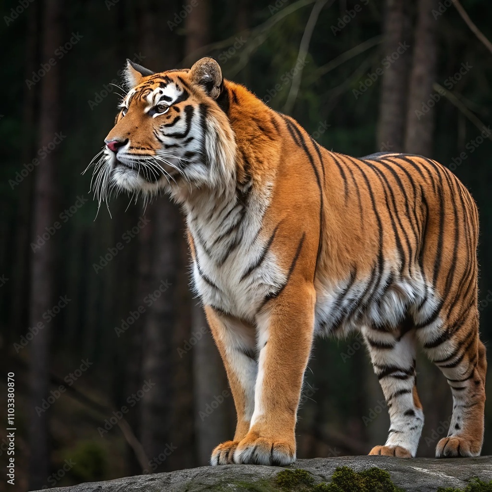Obraz premium A majestic tiger stands on a rock, blending into the vibrant forest backdrop.
