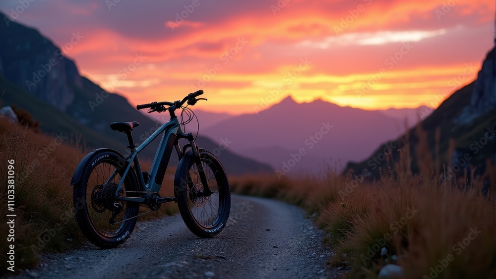 Mountain bike on a scenic trail at sunset with vibrant orange and pink skies, surrounded by majestic mountain silhouettes Mountain bike on a scenic trail at sunset with vibrant orange and pink skies, surrounded by majestic mountain silhouettes