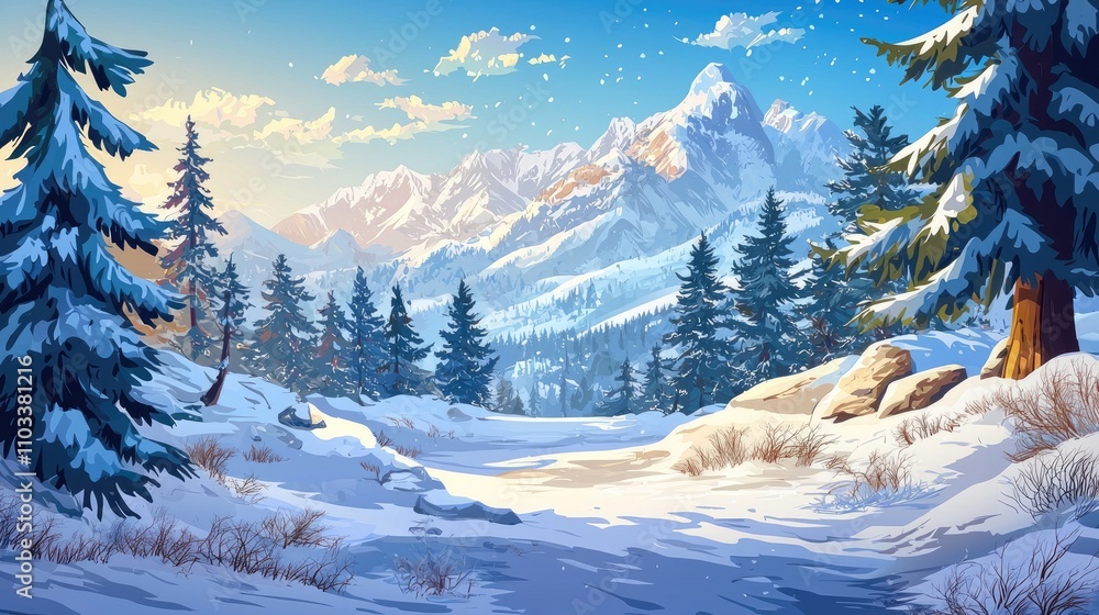 Obraz premium Snowy Mountain Landscape with Pine Trees and a Winding Path
