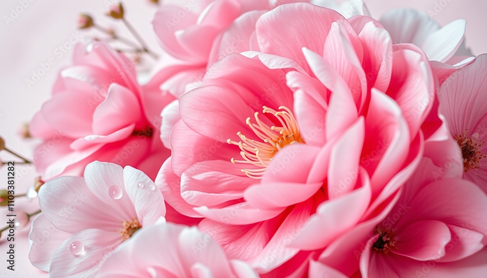 The focal point is a large, intricately detailed pink blossom, resembling a peony, with a ribbon-like texture that draws the eye. The flower's stamen, lush and inviting is prominently displayed . The focal point is a large, intricately detailed pink blossom, resembling a peony, with a ribbon-like texture that draws the eye. The flower's stamen, lush and inviting is prominently displayed .