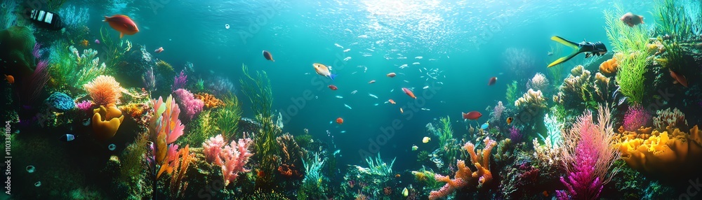 Worms-eye view, vibrant underwater utopia, bioluminescent flora, surreal marine life, serene and colorful dreams Worms-eye view, vibrant underwater utopia, bioluminescent flora, surreal marine life, serene and colorful dreams