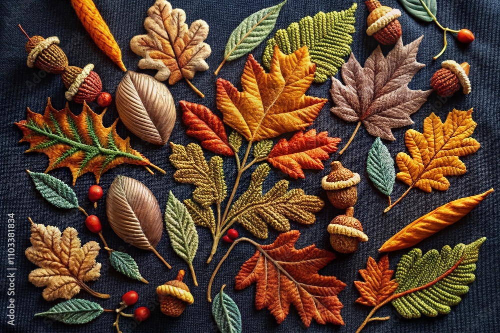 Fototapeta premium Autumn Embroidery Art Pattern Featuring Leaves, Acorns, and Wild Forest Elements for Fashion Design and T-Shirt Graphics in a Stylish and Artistic Composition