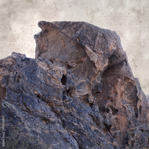 textured stylish old paper background, square, with landscape of Gran Canaria, around the Dog of Bentayga rock formation 