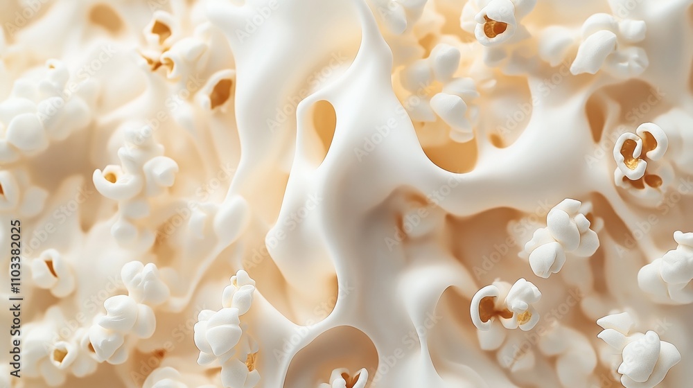 Close-up of abstract white structure resembling popcorn and flowing liquid with smooth, organic textures and intricate details. Close-up of abstract white structure resembling popcorn and flowing liquid with smooth, organic textures and intricate details.
