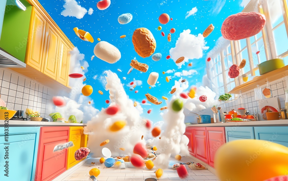 Surreal kitchen scene with food flying in the air, creating a whimsical and colorful explosion of candy, fruits, and snacks against a bright blue sky. Surreal kitchen scene with food flying in the air, creating a whimsical and colorful explosion of candy, fruits, and snacks against a bright blue sky.