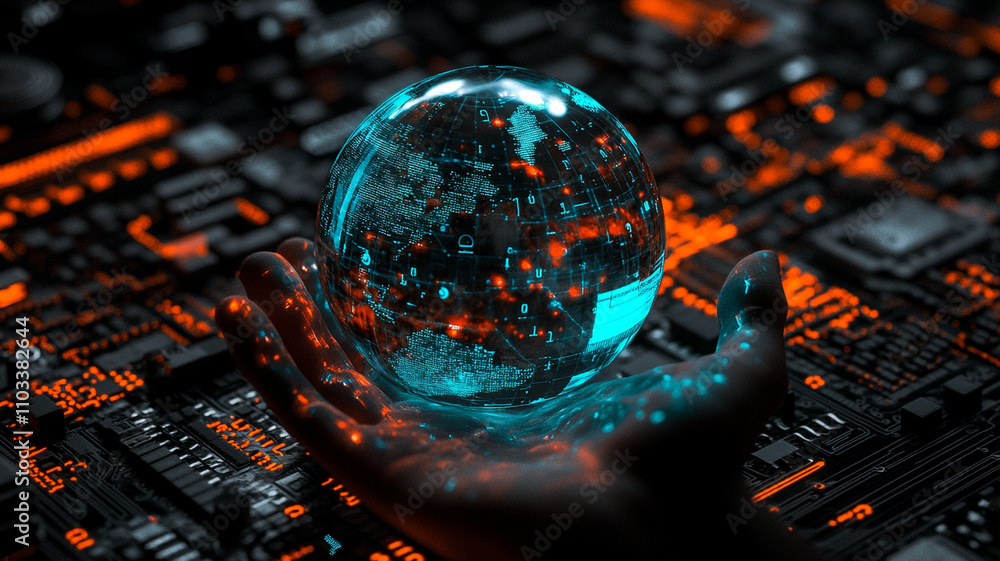 Fototapeta premium hand holding glowing holographic globe symbolizes digital technology and global connectivity. vibrant colors and intricate circuit patterns evoke sense of innovation and future