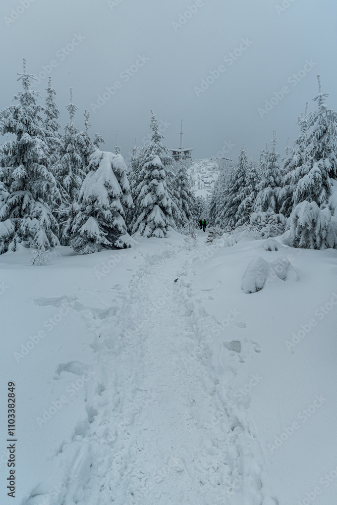 Lysa hora hill summit from Malchor signpost in winter Moravskoslezske Beskydy mountains in Czech republic Lysa hora hill summit from Malchor signpost in winter Moravskoslezske Beskydy mountains in Czech republic