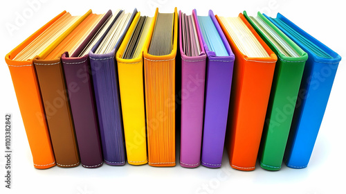 Colorful Books Arranged in a Row on White Background, A Vibrant Collection of Literature Ready for Reading.