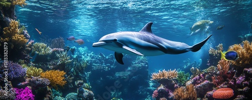 Dolphin swimming gracefully in vibrant coral reef. Underwater scene with colorful fish and marine life. Perfect for ocean, wildlife, nature, and travel themes.