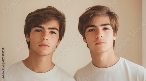 Twin brothers with curly hair and matching white shirts pose for a portrait.