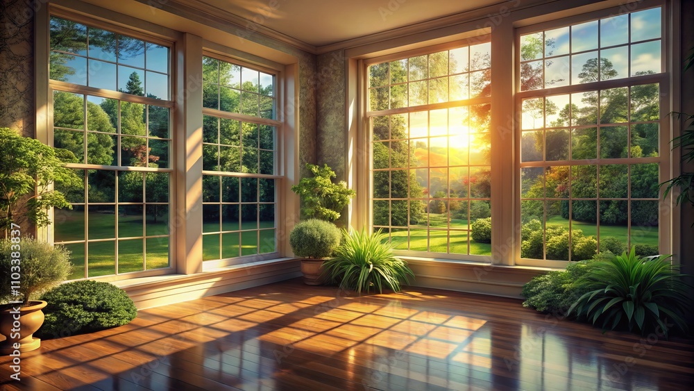 Bright and Inviting Large Window Overlooking a Serene Landscape with Lush Greenery and Soft Natural Light Filling the Room, Perfect for Home Decor and Architecture Inspiration Bright and Inviting Large Window Overlooking a Serene Landscape with Lush Greenery and Soft Natural Light Filling the Room, Perfect for Home Decor and Architecture Inspiration