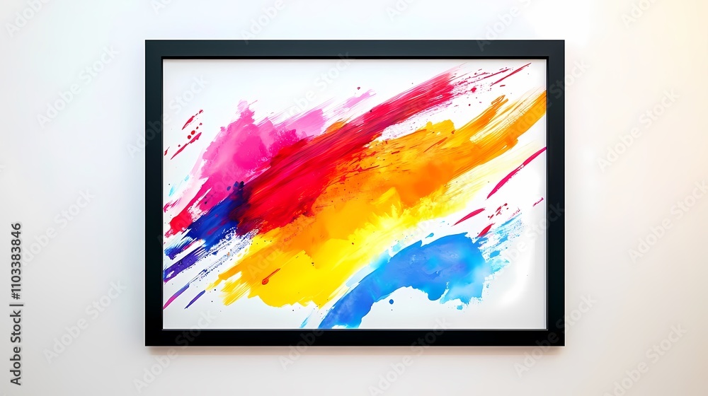 Naklejka premium Vibrant Abstract Artwork with Dynamic Brush Strokes in a Framed Design Showcasing Bold Colors of Red, Yellow, Orange, Pink, and Blue on a Bright White Background