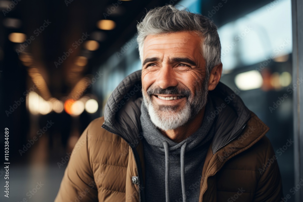 Portrait of a handsome mature man with gray hair wearing a warm jacket, looking at the camera and smiling. Portrait of a handsome mature man with gray hair wearing a warm jacket, looking at the camera and smiling.