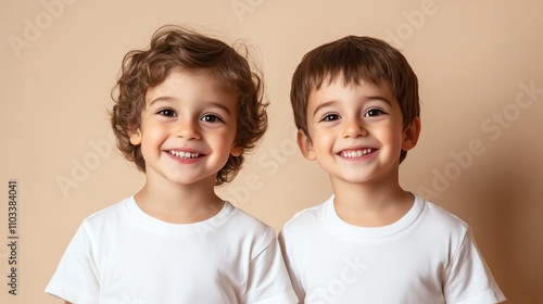 Twin boys with brown hair, wearing white shirts, stand side-by-side.