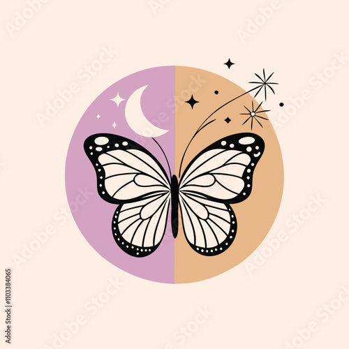 a black and white illustration of a butterfly and a crescent moon