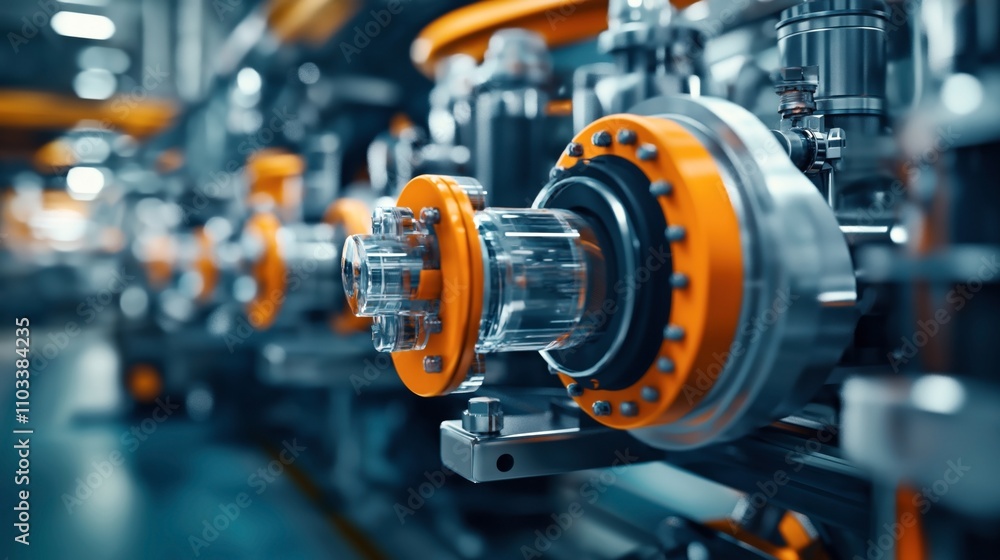 Close-up of industrial machinery with metal components and orange accents in a factory setting, showcasing engineering and manufacturing technology Close-up of industrial machinery with metal components and orange accents in a factory setting, showcasing engineering and manufacturing technology