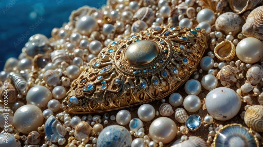 Here's a description and keywords for your stock photo.. Ornate golden seashell and pearl brooch. Here's a description and keywords for your stock photo.. Ornate golden seashell and pearl brooch.