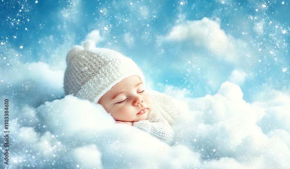 Cute newborn baby sleeping on clouds in the sky, wearing a white hat and blanket, against a blue background. Cute newborn baby sleeping on clouds in the sky, wearing a white hat and blanket, against a blue background.
