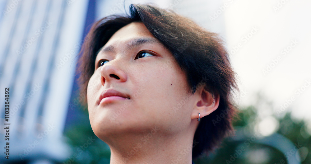 Japanese man, vision and outdoor for commute, travel and wondering with thoughtful mind to work. Asian person, thinking and planning in city for morning journey, explore and weekend tourist with idea Japanese man, vision and outdoor for commute, travel and wondering with thoughtful mind to work. Asian person, thinking and planning in city for morning journey, explore and weekend tourist with idea