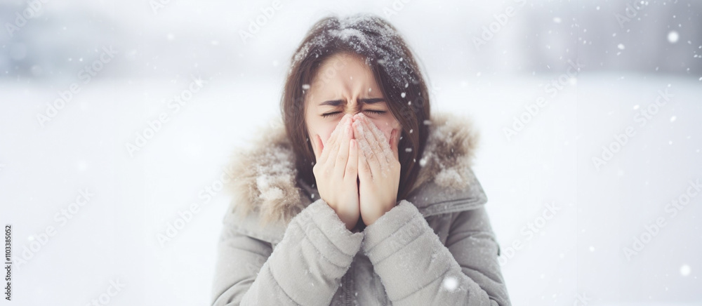 Woman in winter clothes shivering outdoors in snow, showing cold, flu, or seasonal illness during cold weather