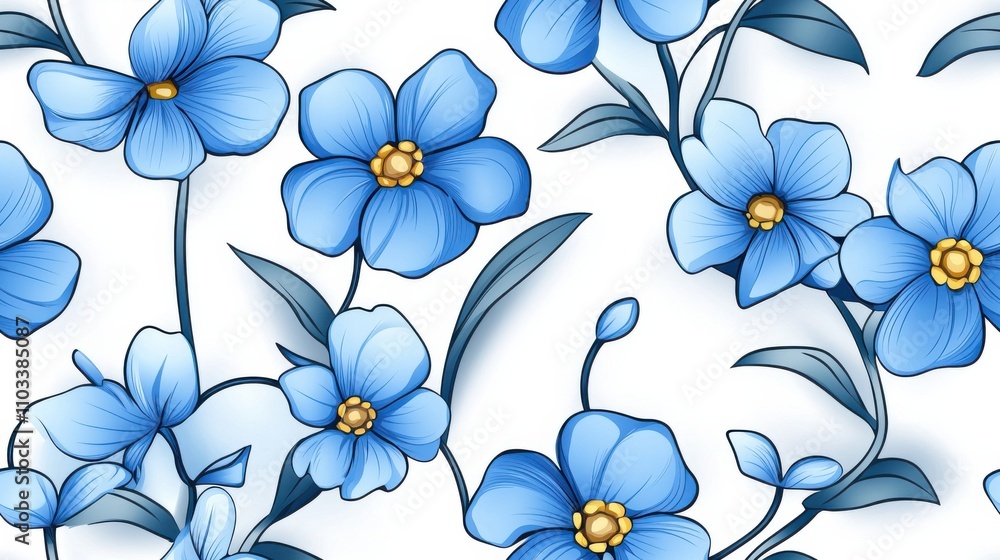 Stunning Blue Floral Pattern with Delicate Blooming Flowers in Soft Vintage Style Stunning Blue Floral Pattern with Delicate Blooming Flowers in Soft Vintage Style
