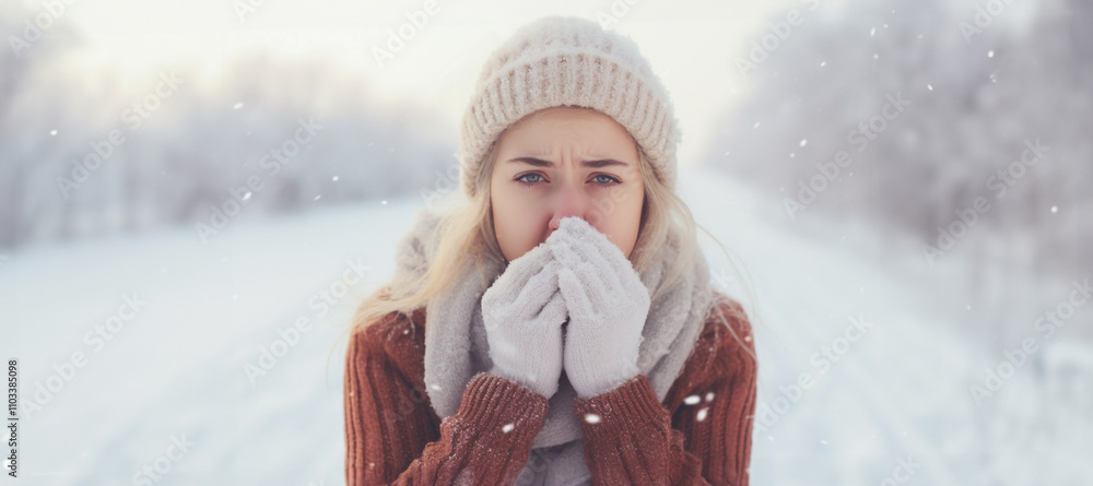 young woman in winter clothing, shivering and covering her hands near her face. Woman in winter clothes shivering outdoors in snow, showing cold, flu, or seasonal illness during cold weather