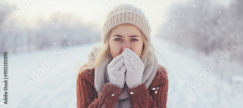 Obraz na płótnie young woman in winter clothing, shivering and covering her hands near her face. Woman in winter clothes shivering outdoors in snow, showing cold, flu, or seasonal illness during cold weather w salonie