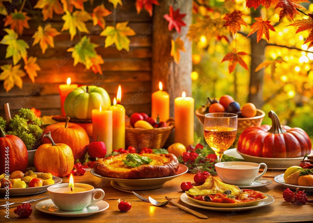 A Welcoming Thanksgiving Table Overflowing with Delicious Dishes for Family Celebration, Featuring a Cozy Atmosphere and Abundant Copy Space for Personal Touches A Welcoming Thanksgiving Table Overflowing with Delicious Dishes for Family Celebration, Featuring a Cozy Atmosphere and Abundant Copy Space for Personal Touches