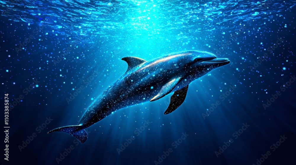 Fototapeta premium A serene underwater scene featuring a dolphin swimming gracefully through sparkling blue waters.