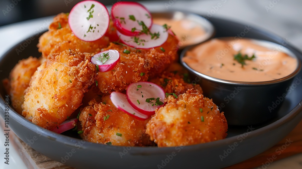 The ranch sauce is paired with crunchy deep fried radishes The ranch sauce is paired with crunchy deep fried radishes
