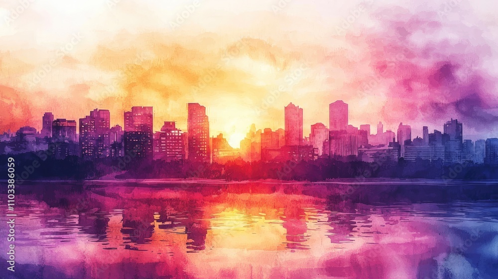 Watercolor City Skyline at Sunset with Reflections in Water Watercolor City Skyline at Sunset with Reflections in Water