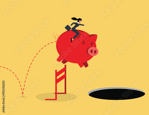 Business trap. Businesswoman riding a piggy bank running and jumping