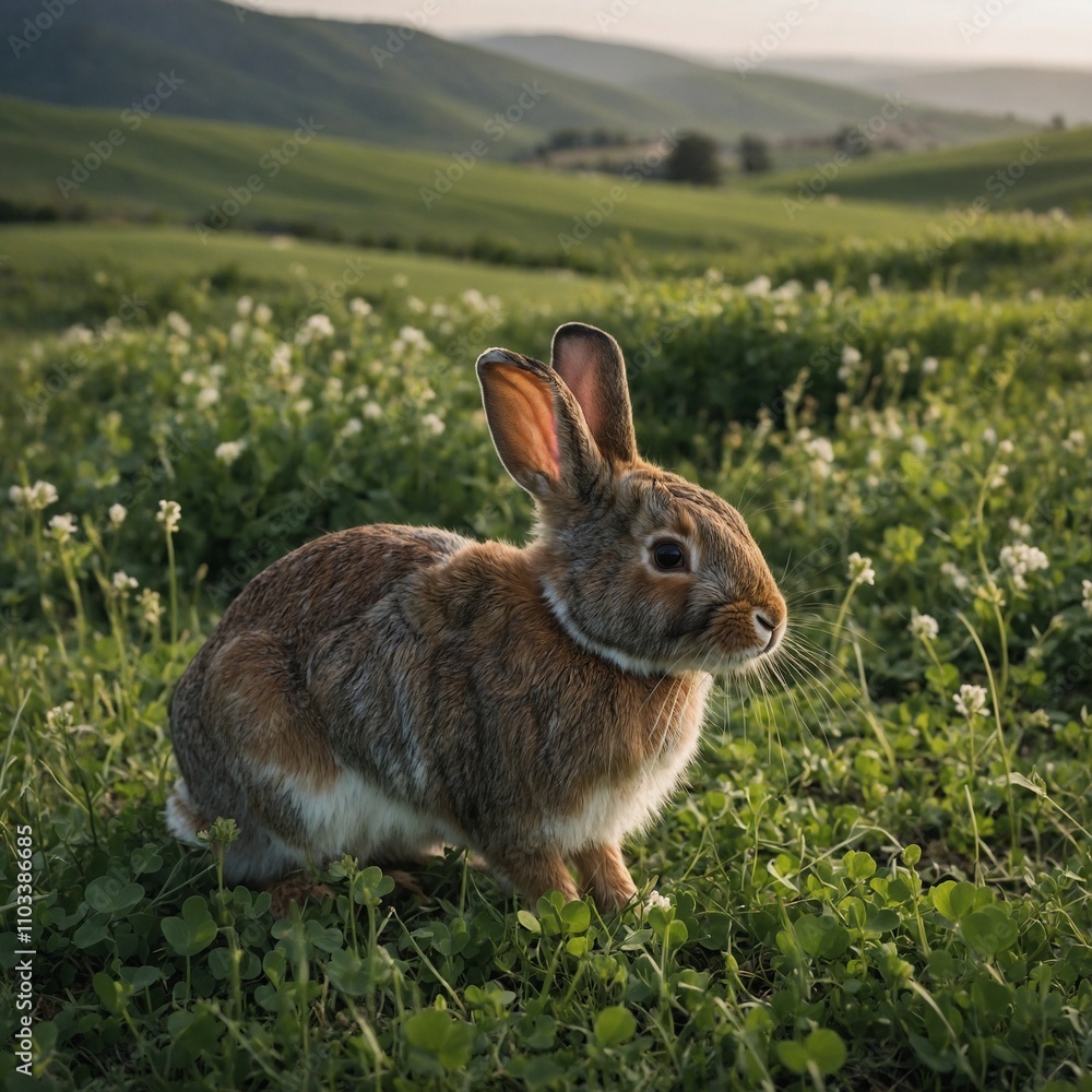 Fototapeta premium A rabbit nibbling clover in a backyard field with rolling hills.