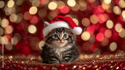 Adorable Fluffy Kitten in Santa Hat on Festive Background with Studio Lighting Glow