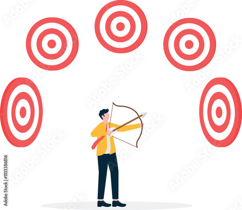 Businessmen with bow and arrow look at multiple targets.
