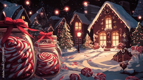 Wallpaper Mural Festive Winter Wonderland with Colorful Candy Canes in Jars and Snow-Covered Houses Illuminated by Twinkling Lights Torontodigital.ca