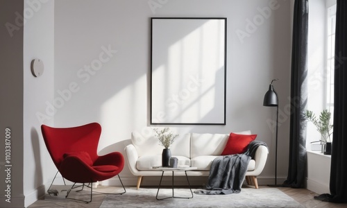 Mockup room for poster or painting in simple modern interior, Photo Frame Mockup, Black and red colors photo