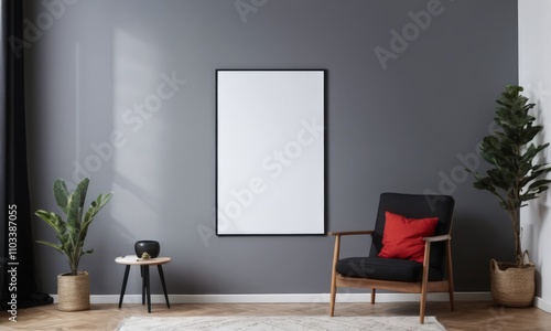 Mockup room for poster or painting in simple modern interior, Photo Frame Mockup, Black and red colors