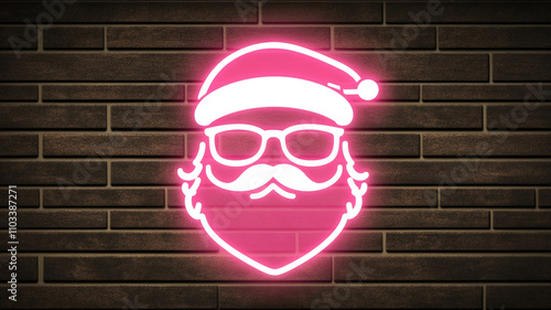 Futuristic neon logo of Santa Claus with beard, wearing glasses and hat, glowing against brick wall. This vibrant design captures modern holiday spirit photo