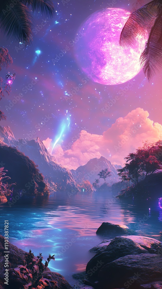 Fototapeta premium Enchanting landscape merging alien flora with futuristic technology, vibrant colors, ethereal lighting, magical realism